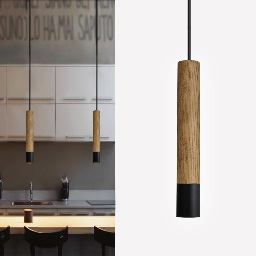 ouglres Black Light Fittings,Cylinder Pendant Light with Metal&Vintage Wood,Height Adjustable,Modern Tube Ceiling Lights,Stylish Hanging Light for Kitchen,Dining Table,Bedroom Nightstand,Gu10,1pack — image 1