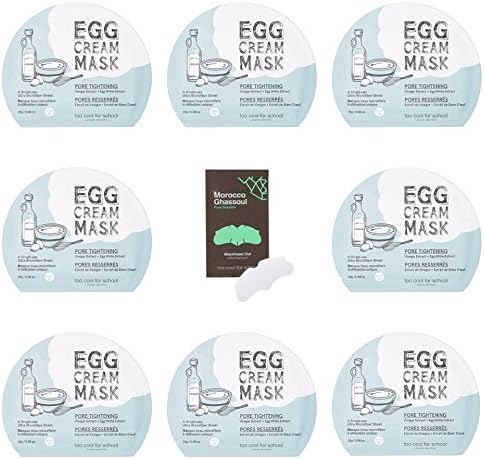 Too Cool For School Mask Set 10pcs BUNDLE : 8(pcs) Pore Tightening EGG CREAM MASK + 2(pc) Moroccan Ghassoul Blackhead Out Pore Solution