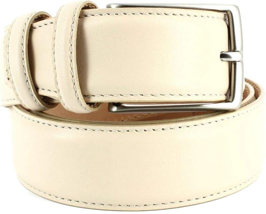 Calfskin belt cream 35mm stitched edges white Robert Charles