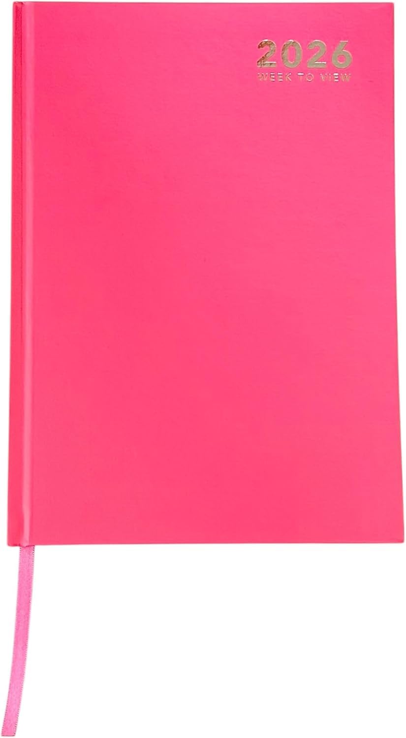 2026 Bright A4 Day A Page Diary With Personal Organiser Planner Hardback Half Page on Saturday & Sunday (Pink)