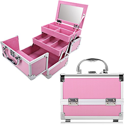 Professional Makeup Train Case - Cosmetic Box with Adjustable Dividers - Aluminum Make Up Artist Organizer Kit With Mirror Jewelry Box - 3 Extendable Trays and 2 Locks (PINK_PINK) - Thumbnail 7