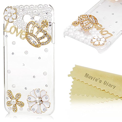 Galaxy J3 Emerge Case, Galaxy Express Prime 2 Case, Mavis s Diary 3D Handmade Bling Crystal Diamonds Gold Crown Pearls Flowers with Shiny Sparkle Rhinestone Gems Clear Hard PC Case Cover