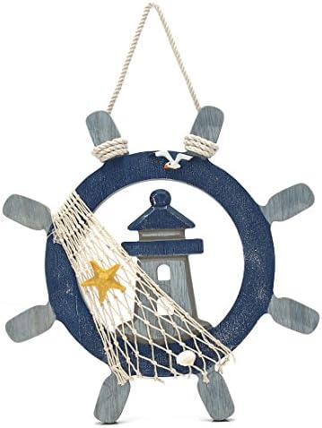 11.2" x 11.2" Nautical Wooden Captain Rudder Wall and Door Hanging Ornament Plaque,Welcome Sign with Cotton Rope and Fish Net (Lighthouse)