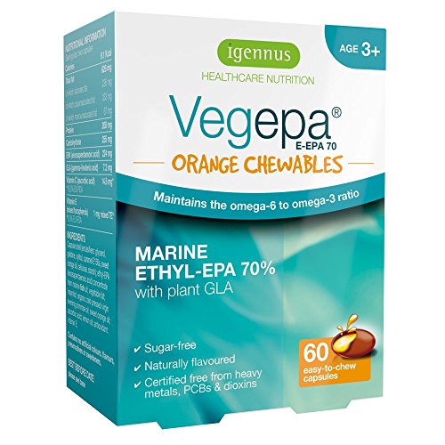 Vegepa Orange Chewables Omega-3 & Omega-6 Fish Oil with Vitamin C for kids aged 3+, high EPA formula, orange flavor, sugar-free, 60 softgels