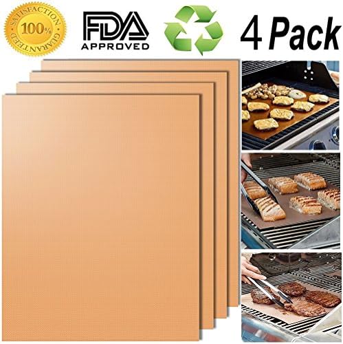 Grill Mat Set of 4 Non Stick BBQ Grill and Baking Mats, Reusable and Easy to Clean, FDA Approved, PFOA-Free, Heat Resistant Baking Mats for Gas, Charcoal, Electric Grills(Gold)