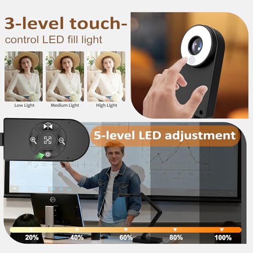 Visualiser for Teaching: 12MP Document Camera & 4K Webcam with Manual Zoom, Auto Focus, Built-in Mic, LED Light, For Mac/Windows/Chromebook, Zoom/OBS | for A3, Distance Learning, Online Art