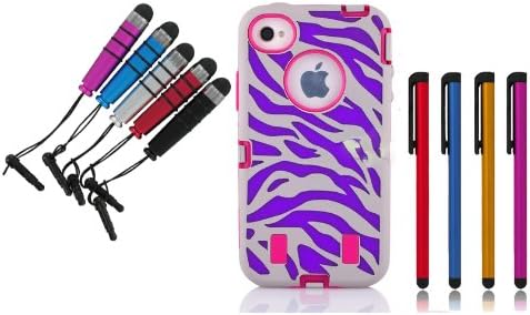 Jersey Bling iPhone 4/4s HOT Pink & Purple Zebra Defender Hybrid Fusion Hard Back Protective Impact Iphone 4/4s Case/Cover & Stylus/(White & Purple with Pink)