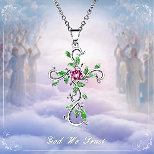 Angelady God We Trust Green Tree Women Cross Pendant Necklace Crucifix Chain for Women Girls Mother Moms Wife Girlfriend Gifts,Pink Crystal from Swarovski