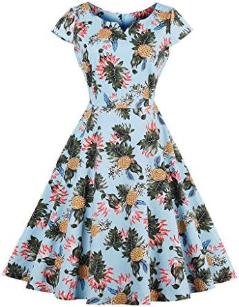 VENFLON Women Vintage Summer Floral Short Sleeve Dress Evening Party Dress Cocktail Dress(20)