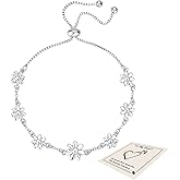Sliver Bracelets for Women, Dainty Flower Bracelet Adjustable Cute Daisy Charm Adjustable Sparkly Rhinestone Chain Bracelet Trendy Jewelry Gift for Birthday Anniversary Christmas