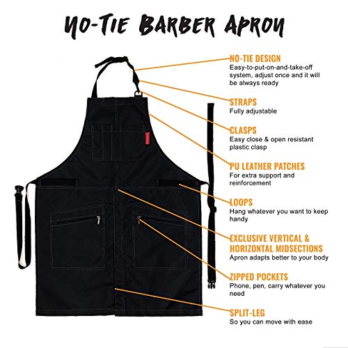 No-Tie Barber Black Apron â€“ Coated Heavy-Duty Nylon, Water and Chemical Resistant, Zipped Pockets, Split-Leg â€“ Adjustable for Men, Women â€“ Pro Hair Stylist, Colorist, Artist, Bartender