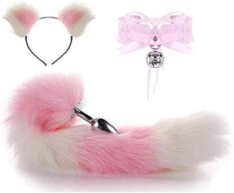 Jjek Cos Bell Collar - (Pink& White) Fluffy B-ütt P-l-ǔ-g Fox Tail Plush and Cat Ears Anime Set for Women Glamour Female Masquerade Props 3pcs (Size : S)