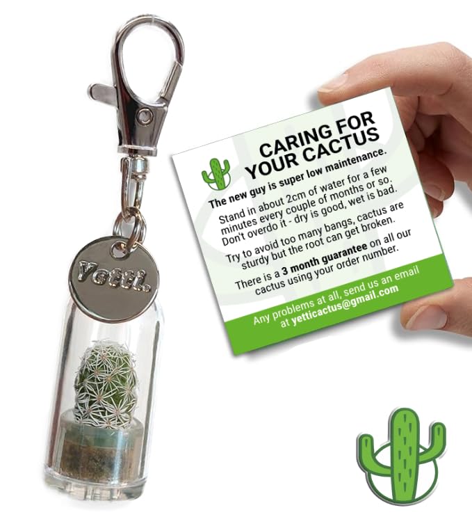 Yetti | Real Cactus Keyring - Living Plant Gift Keychain (Ghost - Single) | Tiny Plant Gift for Cactus Lovers, Plant Keyring Keychain