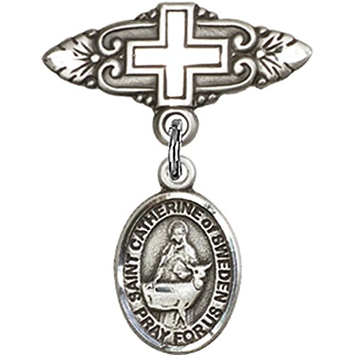 Sterling Silver Baby Badge with St. Catherine of Sweden Charm and Badge Pin with Cross 1 X 3/4 inches