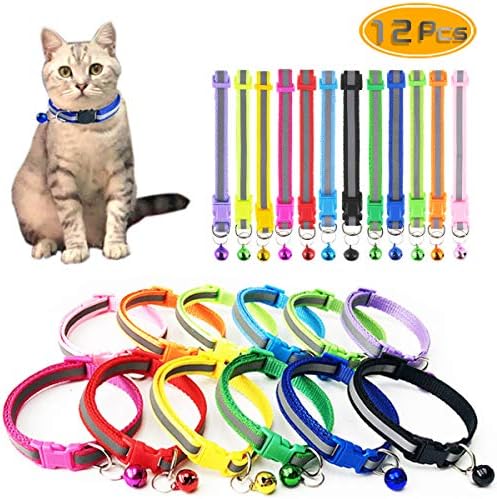 Oruuum 12 Pcs Mixed Color Reflective Pet Collar with Bell, Adjustable Pet Dog Or Cat Collar - Adjust to The Ideal Size for Pets (12 Colors)