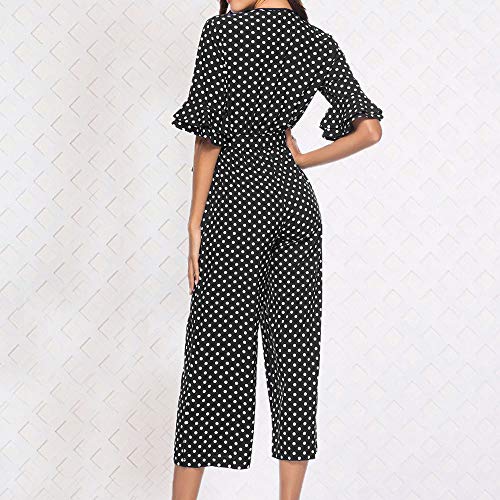 Corriee Women Spring Stylish Polka Dot Printed V-Neck Half Sleeve Wide Leg Romper Pants Long Jumpsuit Black