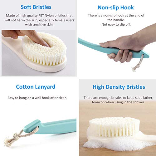 Bath Back Brush Soft Long Handle for Women, Back Shower Brush Scrubber Washer Bathing Scrubbing Exfoliating Body Brush Curved Handle Exfoliator for Dry Skin Cleaning Not Slip with Lanyard (Blue) - Thumbnail 4