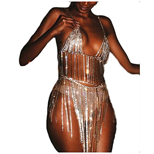 MineSign Sexy Jewelry Set Womens Rhinestone Body Chain Bra Belly Dress Chians for African Swimsuits Silver