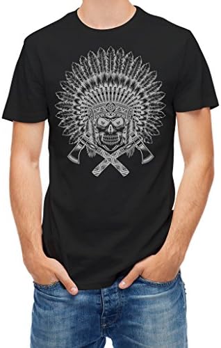 T-shirt native American chief feather skull with c Black XL