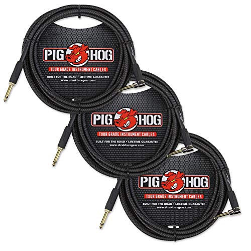 Pig Hog PCH10BKR Black Woven Instrument Cable, 10ft Right Angle - 3-Pack