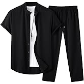 GORGLITTER Men's Summer Vacation Outfits 2 Piece Cruise Attire Short Sleeve Button Down Shirt and Pants Set
