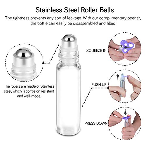 Essential Oil Roller Bottles 10ml (Clear Glass Bottle with Gold Cap, 12 Pack, 2 Extra Stainless Steel Balls, 24 Labels, Opener, Funnels by PrettyCare) Roller Balls for Oils, Roller on Bottles - Thumbnail 4