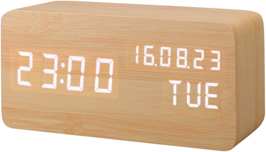 Digital Alarm Clock Beech with Sound Control and LED Bright Screen brown
