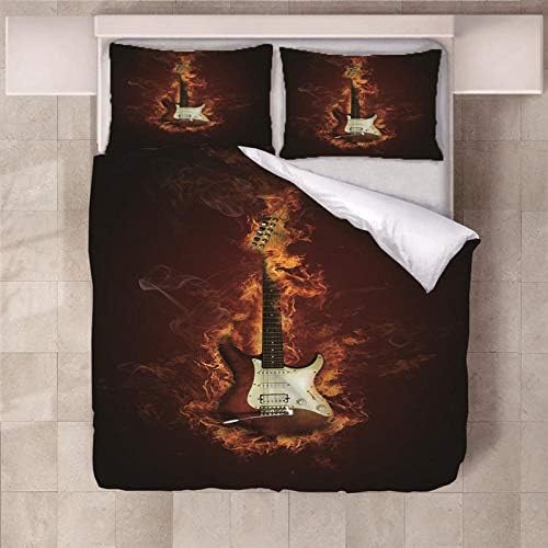Jior Home Art Duvet Cover Set 3D Printed Flame Guitar Bedding Set,Zipper Closure Design,Anti-Allergic Double Duvet Cover Set,220x230cm