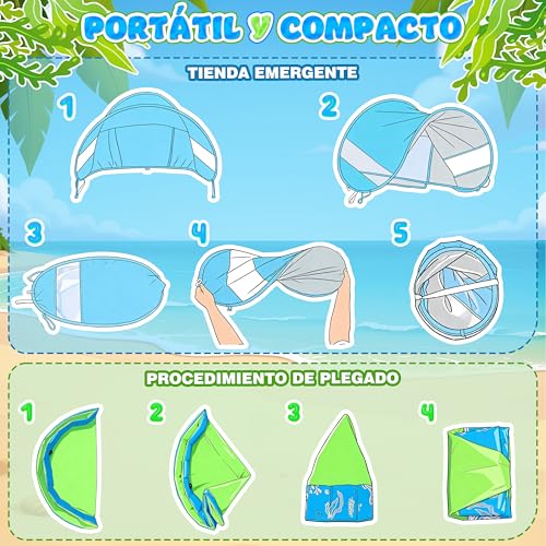 colmanda Piscina para Bebé 4-en-1 Pop Up, 100x30 cm Piscina de Bolas Bebe con Chorros de Agua, Tienda de Playa Bebé con Techo y Mosquitera, Protección UV SPF50+, Portátil para Jardín