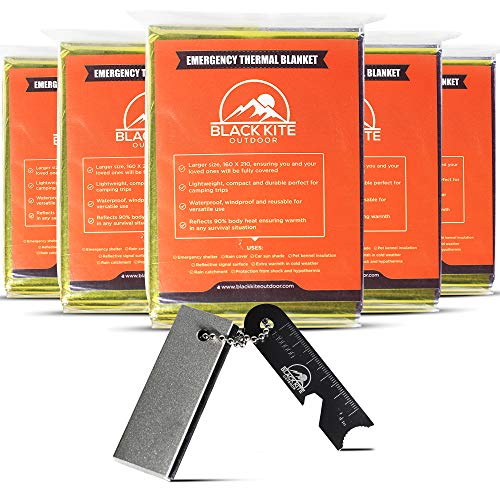 Black Kite Outdoor XL Emergency Mylar Thermal Space Blankets (5 -Pack) + Magnesium Flint Block & Striker Fire Starter Designed to Retain Heat, Outdoors, Hiking, Camping, First Aid, Marathon, Survival