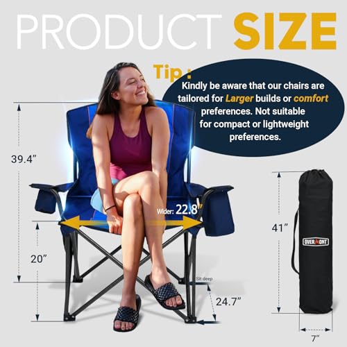 OVERMONT Oversized Camping Chair for Adults, Comfortable and Portable with Insulated Pocket and Carry Bag, Heavy Duty Folding Chair 450 lbs for Beach, Garden, Picnic and Camping,Blue