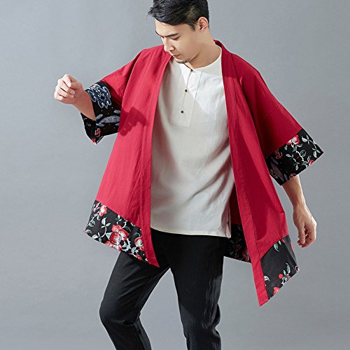 LZJN Men's Vintage Kimono Cardigan Cotton Linen Cloak Poncho Open Front Coat (Red, XL) - Thumbnail 2