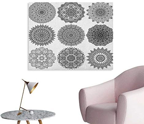 Anzhutwelve Henna Corridor/Indoor/Living Room Ornamental Mandala Design Symmetric Ethnic Motifs Eastern Arabic Ottoman Inspiration Poster Paper Black White W32 xL24