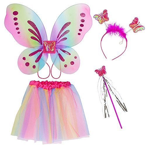 Lux Accessories Halloween Girls Fun Pastel Fairy Skirt Butterfly Wing Fashion Headband Costume Set