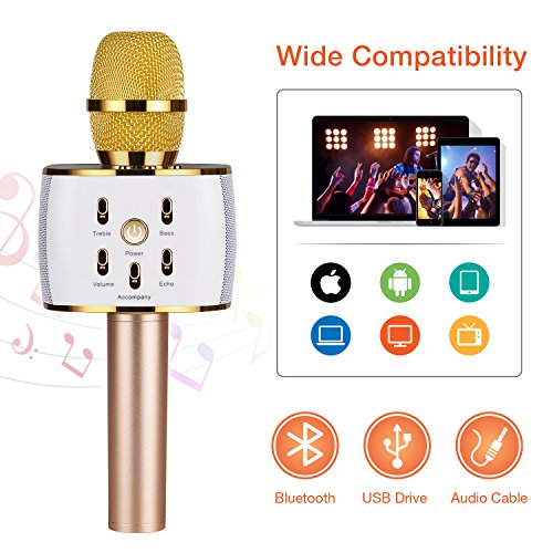 Microphone Karaoke, Wireless Handheld Kids Karaoke Microphone with Bluetooth Speaker, Compatible for iPhone ipad Android Smartphone Or PC, Home KTV Outdoor Party (Gold)