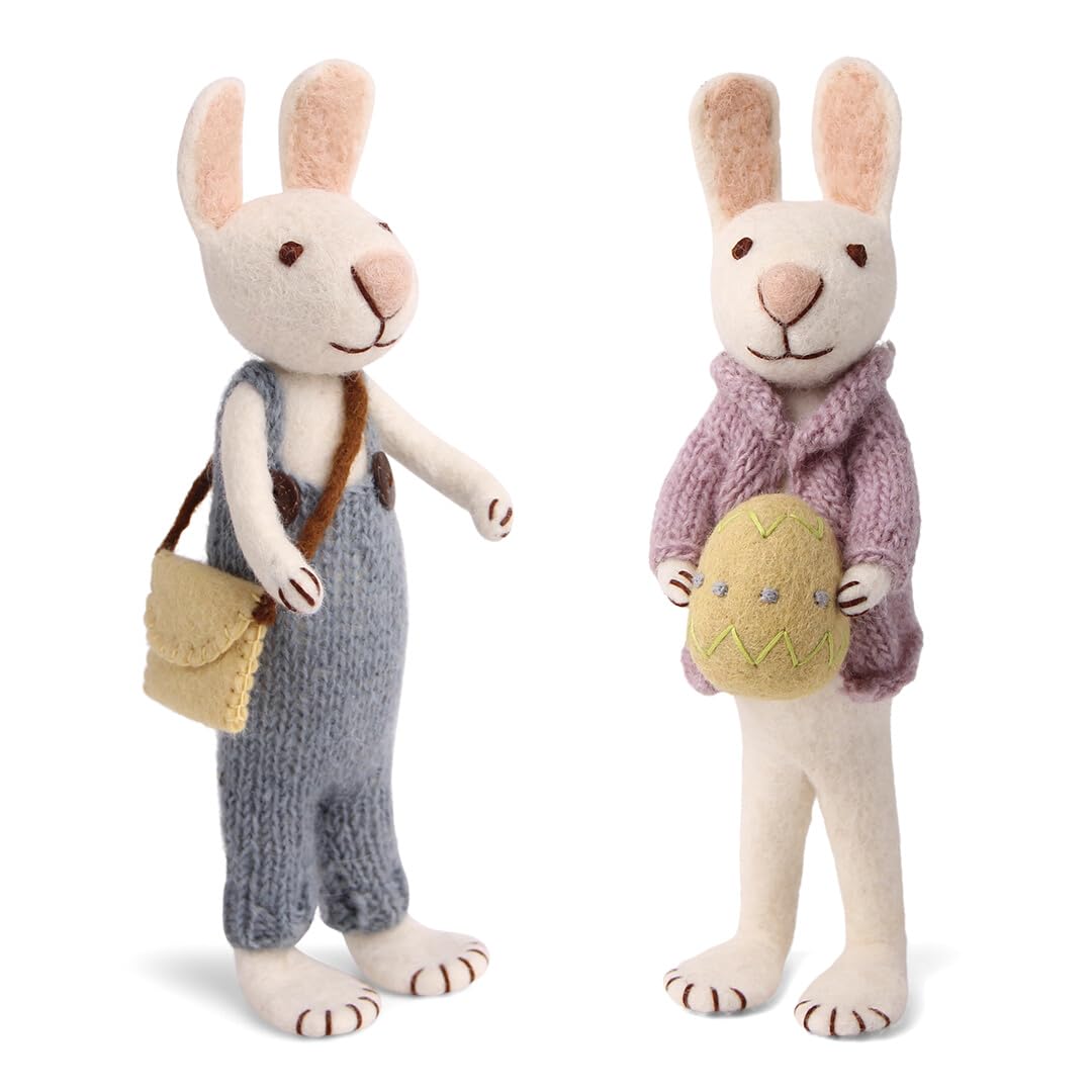 Gry & SIF Easter Bunny Figures Large for Standing, Intricate Handmade with Many Details, Fair Trade, Felt Easter Decoration, 1 x Decorative Rabbit White with Bag and Easter Egg, 30 cm