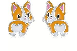 GENERIC Adorable Corgi Dog Stud Earrings, Silver-Tone with Orange and Pink Enamel