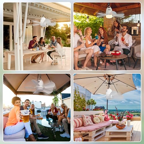 Gliztech 50 cm Outdoor Ceiling Fan, 20000 mAh Chandelier with Blades with Battery, Removable Camping Fan with Hook and Remote Control for Gazebo, Patio, Tent