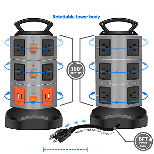 Power Strip Tower, Costech 10 Outlets Surge Overload Protector; Multi Plug Extender with 4 USB Charging Port & 6FT Stretch Extension Cord - Thumbnail 2
