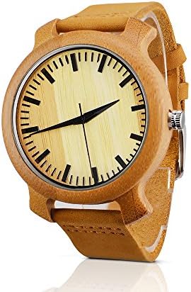 Bymax Men's Bamboo Wooden Quartz Watch with Brown Leather Strap and Japanese Movement