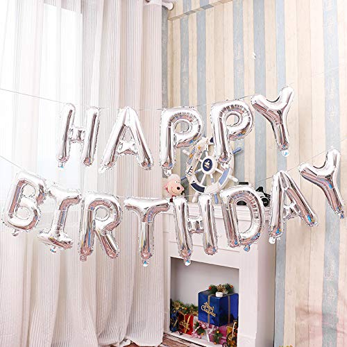 Conniecony Happy Birthday Balloons,16 inch Happy Birthday Alphabet Banner Foil Balloons Mylar Balloons for Birthday Decorations and Party Supplies (Silver)