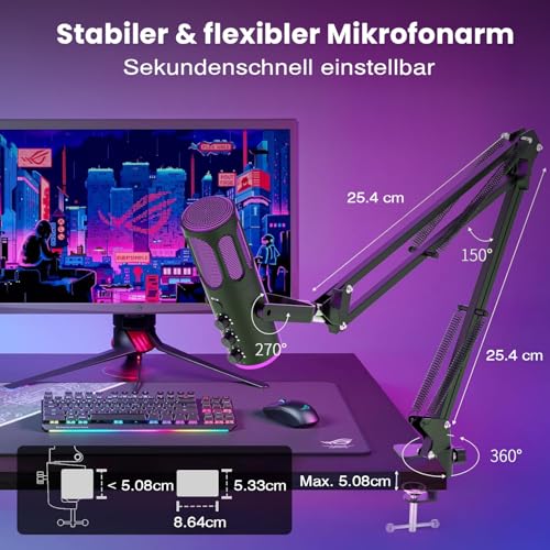 Ortizan USB Gaming Microphone PC with Swivel Arm, Mute and Monitoring | For streaming, podcast, YouTube, Discord, PS4/PS5 and Mac, with RGB light and pop filter