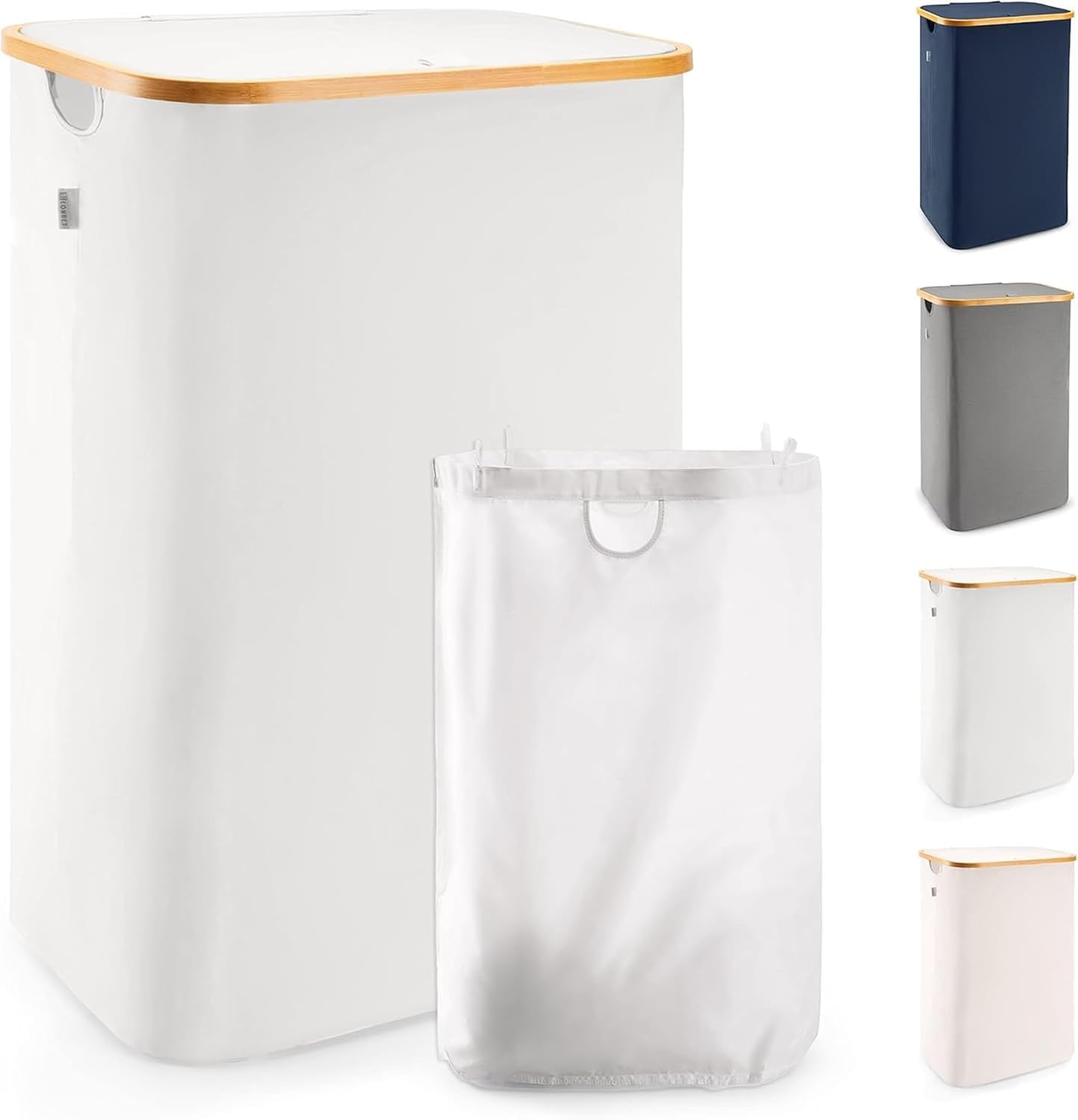 LONBET 100L Laundry Basket with Lid and Sturdy Bamboo Frame - Aesthetic Laundry Hamper with Side Handles and Made from Breathable Fabric - Laundry Bin with Removable Bag, Clothes Basket Light Grey — image 1