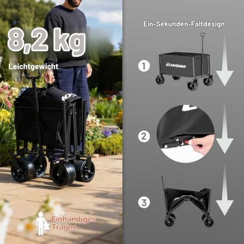 Bollerwagen Faltbar 200L 180KG Belastbar, Handwagen Transportwagen Klappbar mit Verstellbarem Griff, Breite Räder All-Terrain Strandwagen Gartenwagen Einkaufswagen, Schwarz