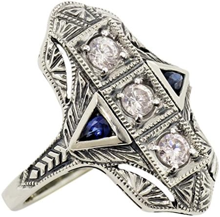 Art Deco Style Filigree Crystal and Sapphire Ring in Sterling Silver (Sz 7)