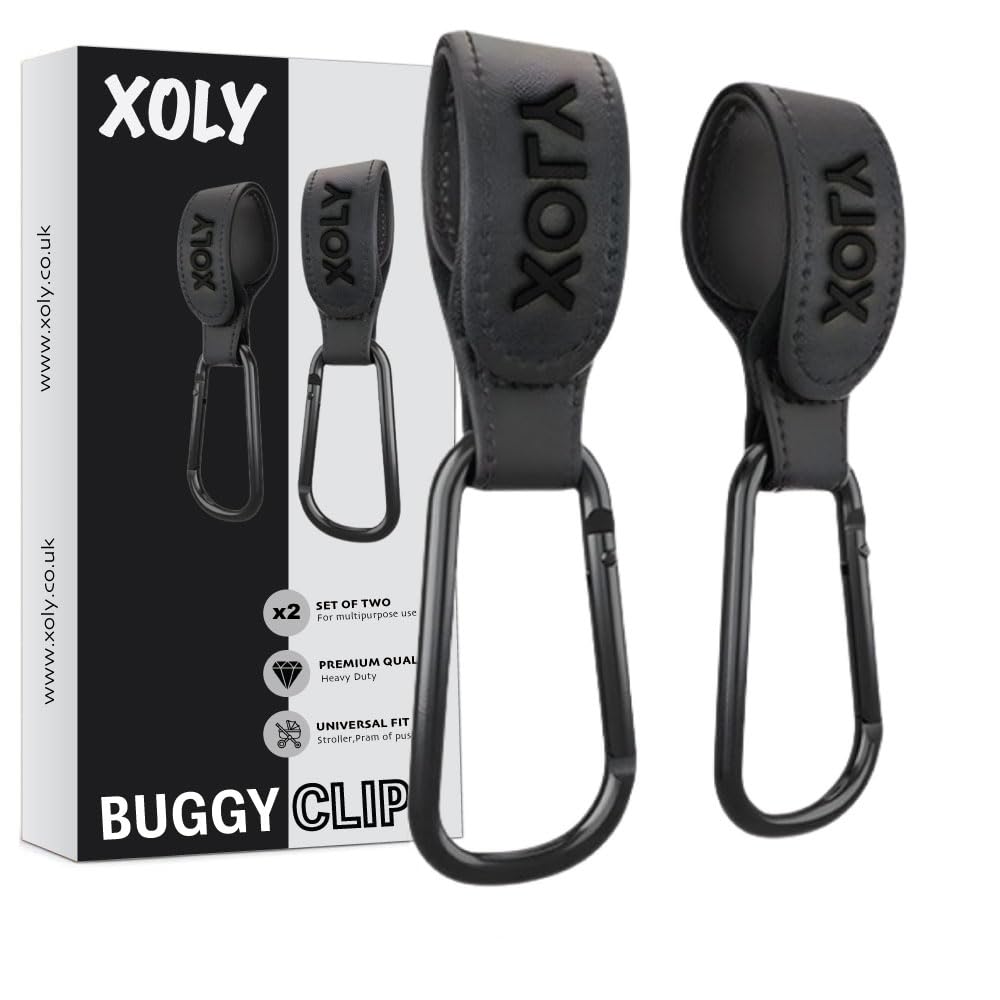 2X Buggy Clips by XOLY - Heavy Duty Universal Nonslip Durable One Handed Hook Your Shopping Bags, Handbag or Change Bag on Your Stroller, Pram or Pushchair Hooks Clips - Black Or Brown 2 Pack (Black)