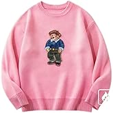 Teddy Bear Embroidered Sweater, Fleece Lined Crewneck Pullover, Warm Winter Knit, Navy Blue, Green, Black