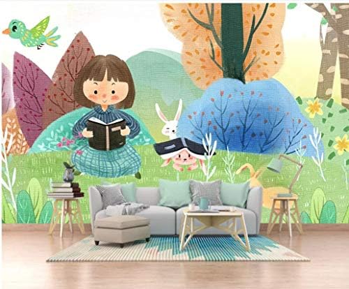 YUANLINGWEI Custom Mural Wallpaper Simple Cartoon Girl Forest Animal Reading Book Pattern Children's Room Wall Decoration Wall Mural Wallpaper,190Cm (H) X 270Cm (W)