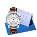 Voeons Mens Watches Chronograph 24 Hour Military Sports Watches 3ATM Waterproof Silver Metal Case Brown Leather Band Wrist Watch Auto Date