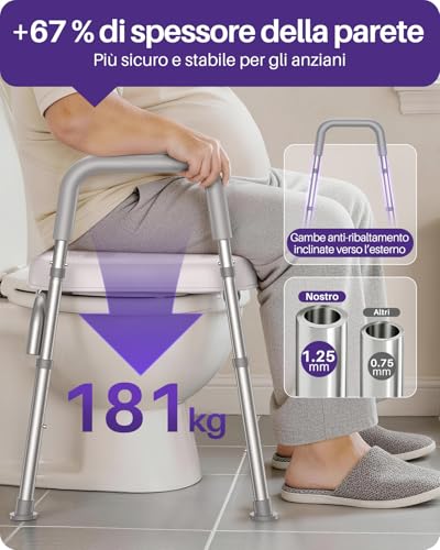 KEKOY Rialzo WC per anziani regolabile: 7 altezze e 3 larghezze, braccioli, montaggio senza attrezzi, alzata per WC per operati all'anca, portata 181 kg, compatibile con tutti i WC, Grigio